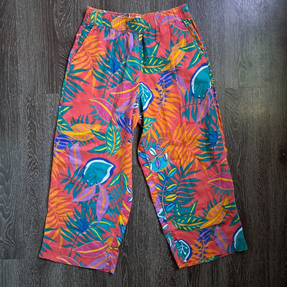 C&C California 100% Linen Wide-leg Floral Crop Pants Women's Large